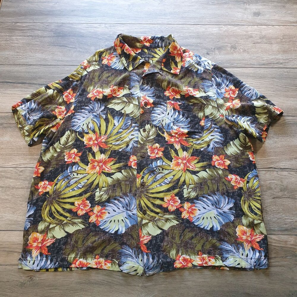 Hawaiian Floral Button Up Shirt Men Tropical Print George Size 2XL Short Sleeve